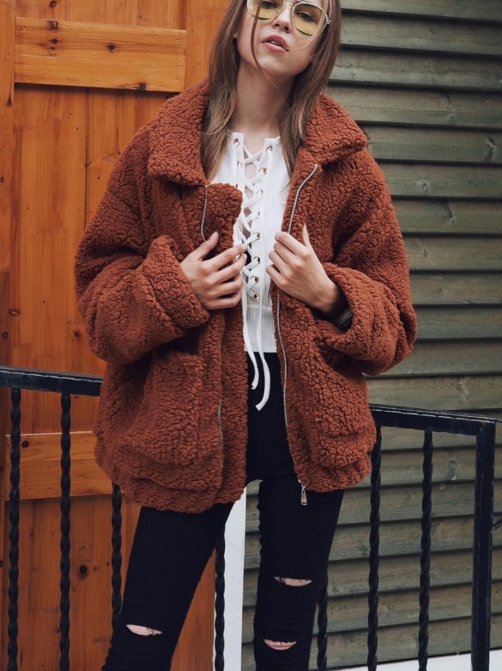 Plush Teddy Sherpa Jacket in Rust - Women’s Cozy Zip Coat